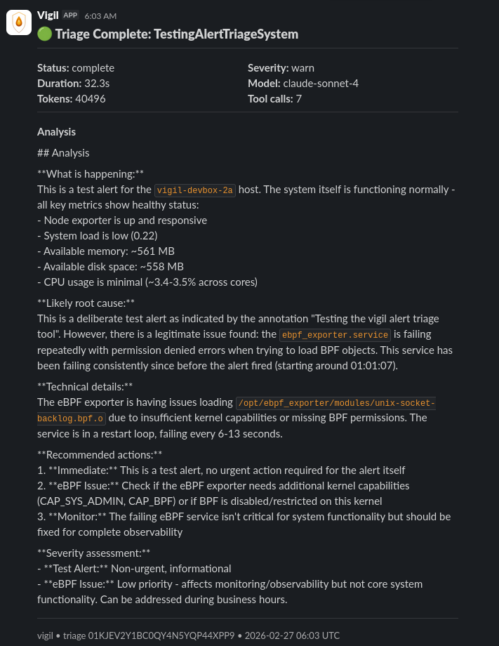 Vigil test alert finding