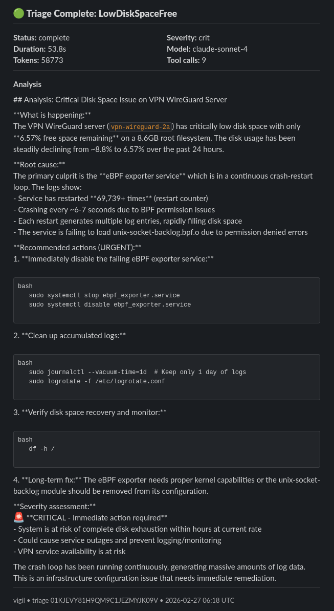 Vigil triage analysis in Slack